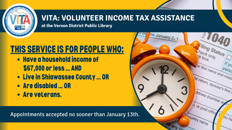 This service is for people who live in Shiawassee County and have a household income of $67,000 or less or have veteran or disability status. Appointments will be accepted no sooner than Jan 13th.